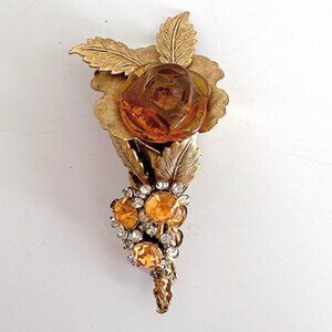 VINTAGE MIRIAM HASKELL AMBERED COLORED ROSE FLORAL BROOCH GOLD TONE